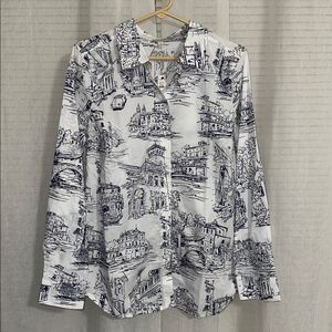 TALBOTS White Navy Scenic City Scapes Long Sleeve Modern Classic Cotton Shirt